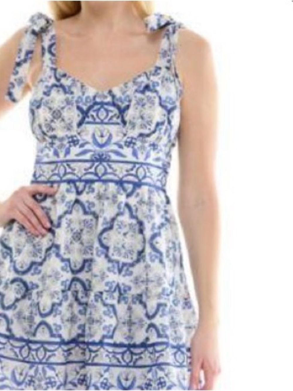 Trixxi Girls Blue and White Tile-Print Tie-Shoulder Dress